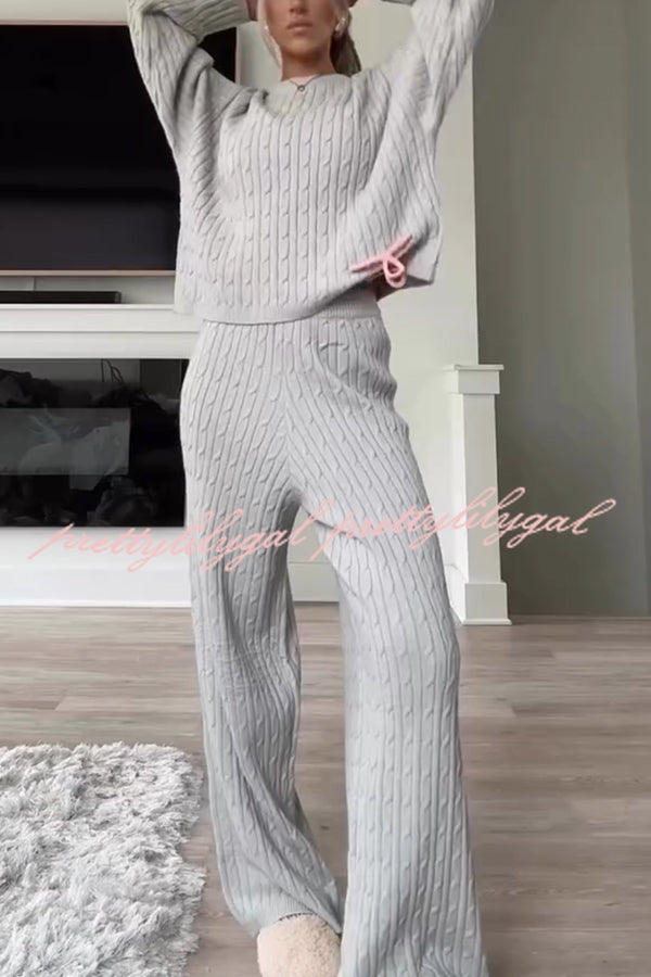 Autumn Travel Knit Cable Long Sleeve Sweater and Elastic High Waist Wide Leg Pants Set