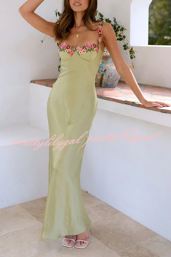 Endless Love Satin Embroidered Flower Trim Strap Maxi Dress