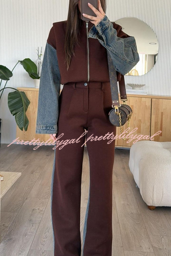 Sports Fashion Denim Patchwork Sweatshirt Fabric High Rise Pocket Loose Pants