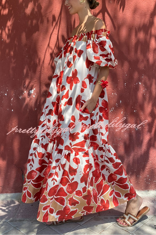 Floral Print Off-The-Shoulder Puff Sleeve Loose Holiday Maxi Dress