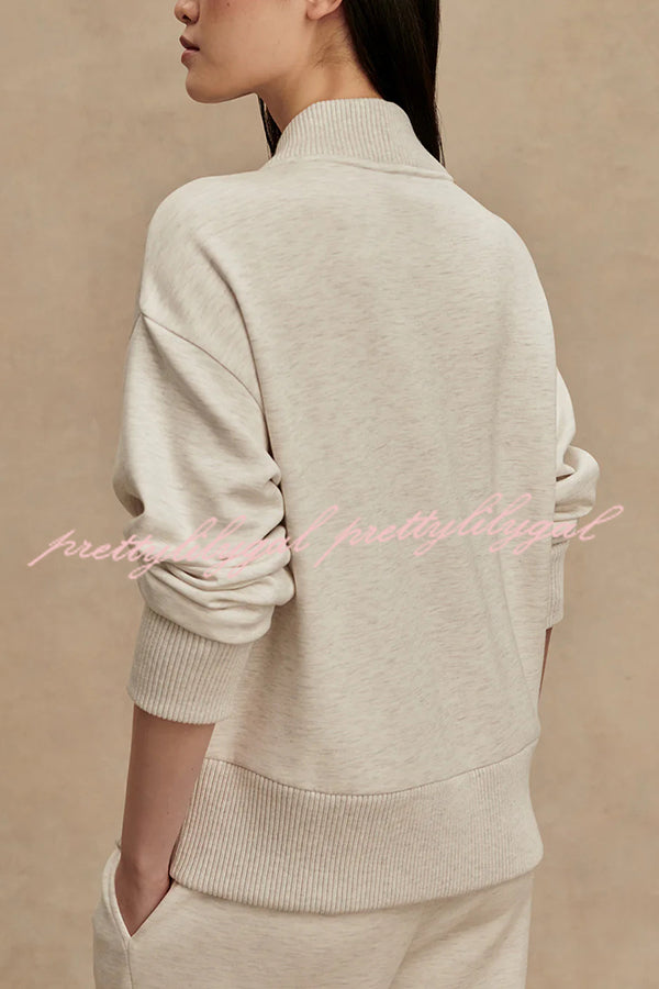 Meet The Autumn Ribbed Zipper Neck Sweatshirt and Elastic Waist Pocketed Loose Pants Set