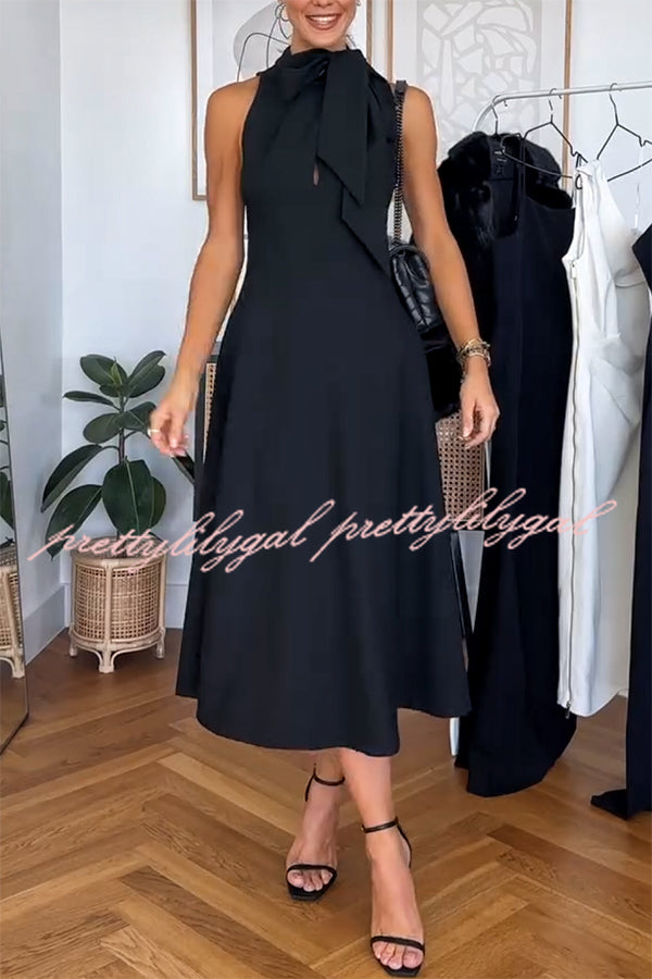 Stylish and Classic Unique Bow Tie Accent Pocketed Flare Midi Dress