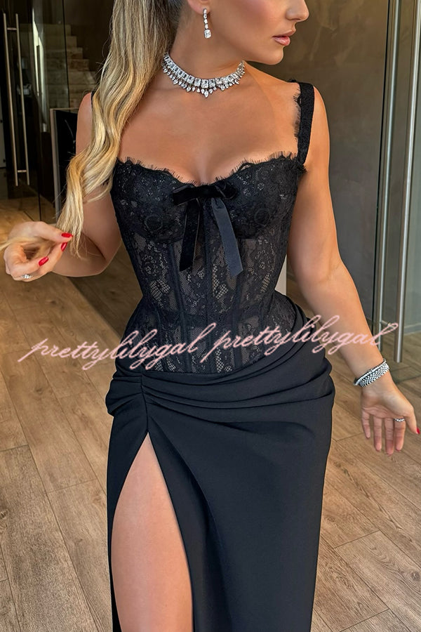 Sexy Grace Magic Lace Corset Bow Design Ruched Hip Slit Maxi Dress