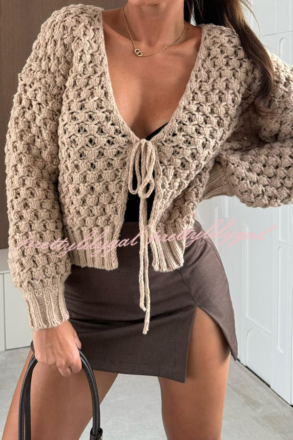 Marin Knit Hollow Texture Tie-up Neck Balloon Sleeve Relaxed Cardigan