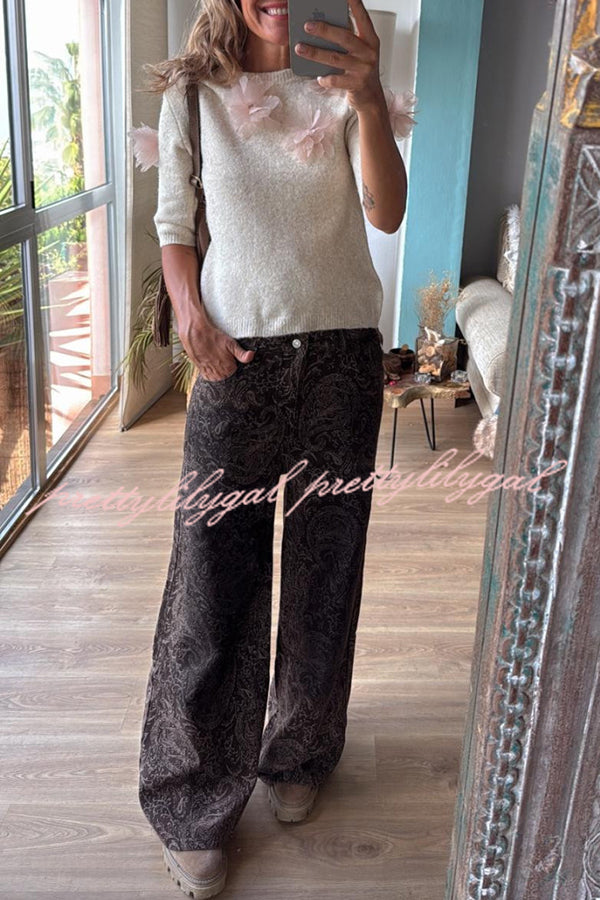 Alboran Knit Organza Flowers Detail Short Sleeve Loose Sweater