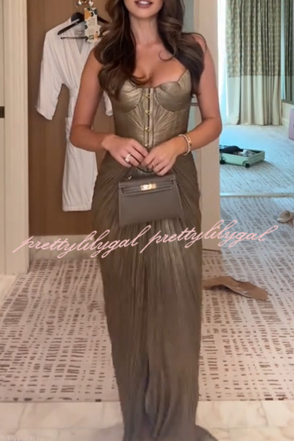 Vegas Queen Metallic Pleated Sculpted Bodice Back Lace-up Drape Maxi Dress