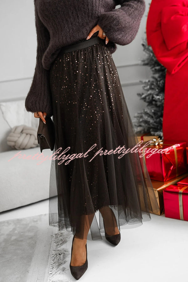 Party Daydream Sequin Tulle High Rise Elastic Waist Maxi Skirt