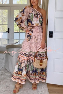 Dream Garden Unique Print One Shoulder Elastic Waist Pocket Maxi Dress
