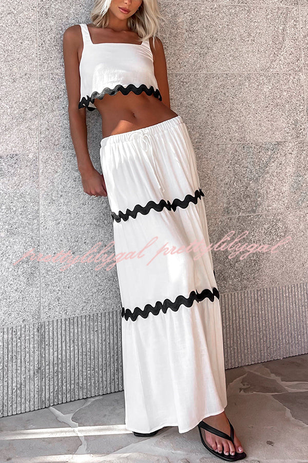 Napa Ric Rac Trims Sleeveless Crop Tank and Drawstring Elastic Waist Pocket Maxi Skirt