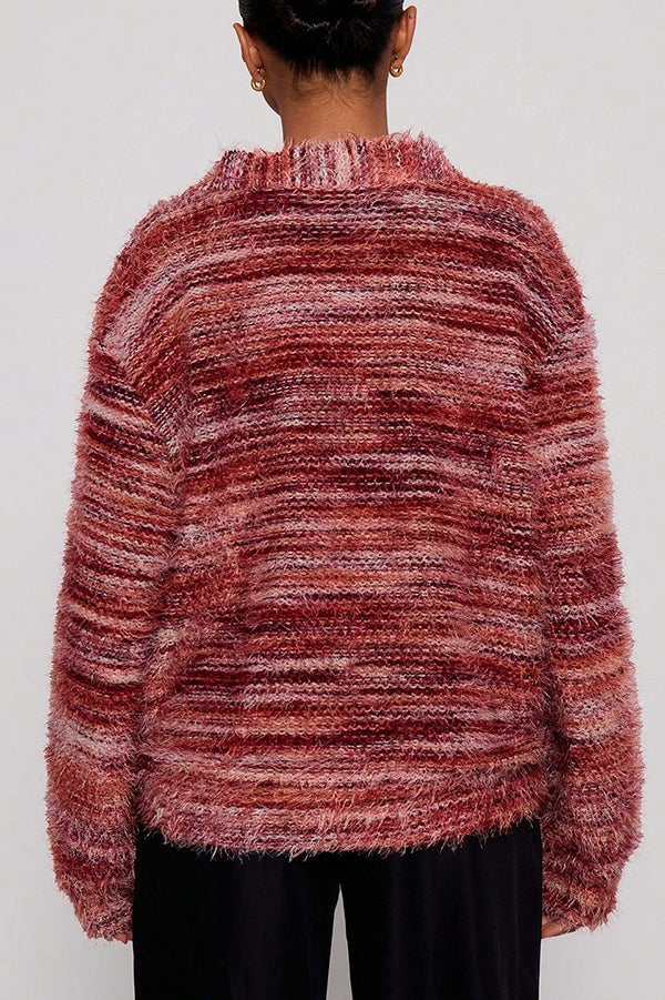 Fashionable Mixed Color Loose V-neck Casual Knit Cardigan