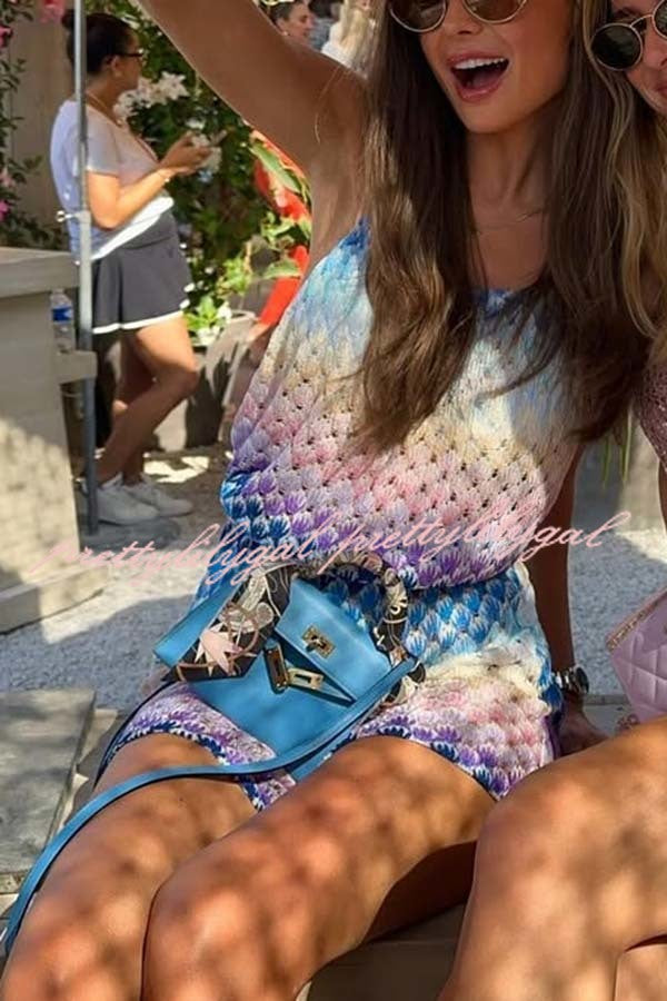 Wave Waves Knit Colorful Zigzag Pattern Halter Neck Backless Loose Romper