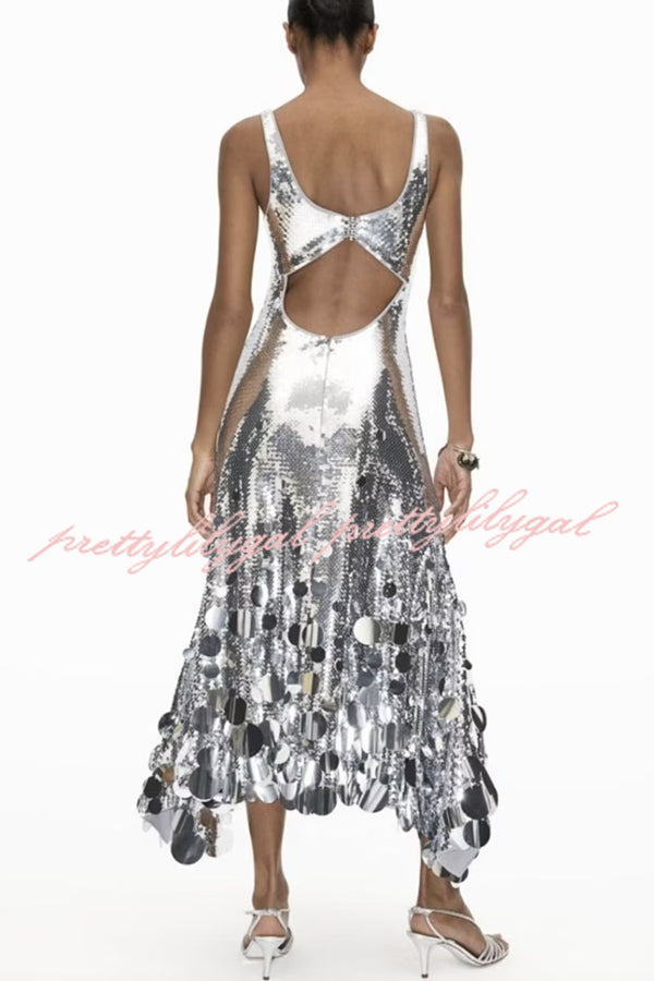 Party Tips Sequin Irregular Round Tassels Hem Back Cutout Tank Maxi Dress