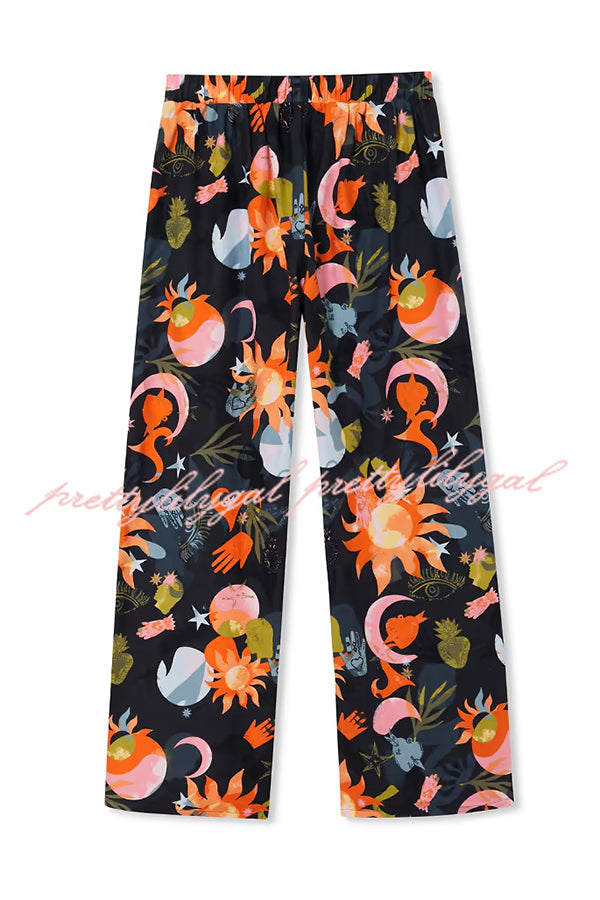 Evening Routine Unique Print Color-block Trim Loose Shirt and Elastic Waist Pocketed Pajama Set