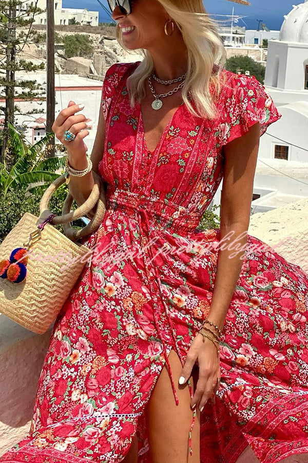 Summer in Greece Boho Print Ruffle Sleeve Elastic Waist High-low Midi Dress