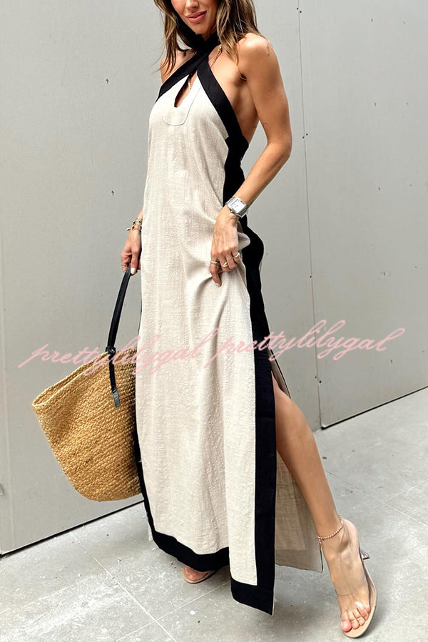 Island Bay Breeze Linen Blend Color Block Halter Neck Slit Maxi Dress