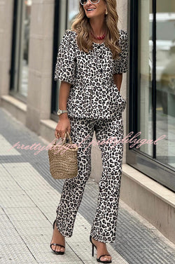 Enjoy Everyday Leopard Print Puff Sleeve Babydoll Top and Elastic Waist Pocketed Pant Set