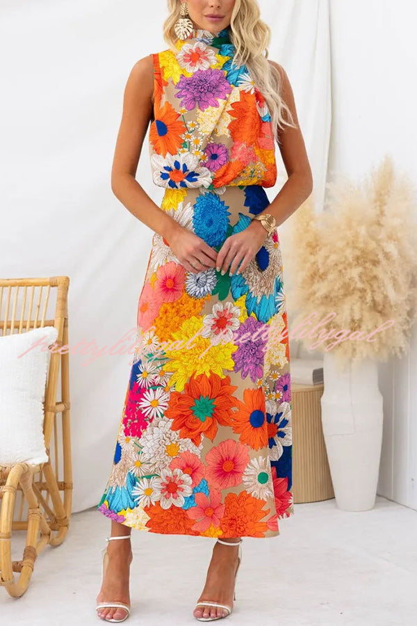 Land of Beauty Floral Print Halter Neck Elastic Waist Party Maxi Dress