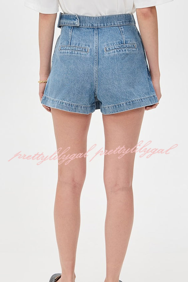 Fall for That Denim Faux Wrap Buckle Tie Pocketed Mini Shorts
