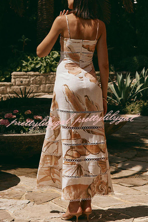 Daje Linen Blend Unique Print Round Hollow Trim Tie-up Bust Slip Maxi Dress