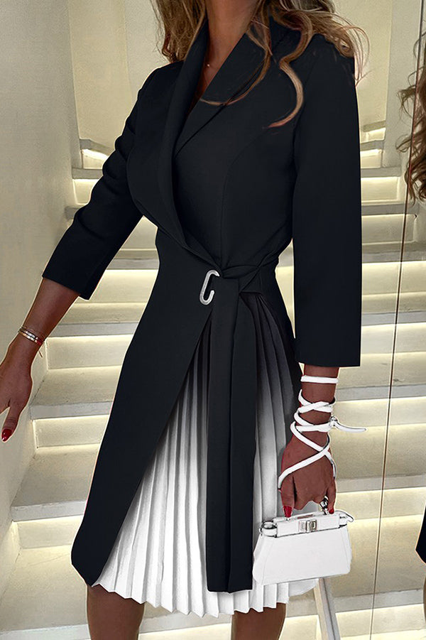 Fashionable Gradient Lapel Waist Tie Pleated Mini Dress