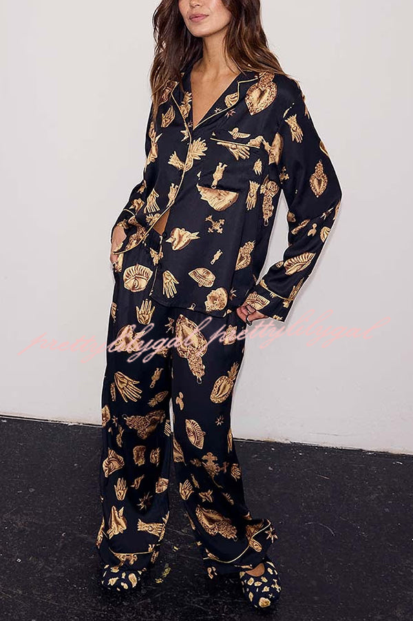 Golden Night Unique Print Color-block Trim Loose Shirt and Elastic Waist Pocketed Pajama Set