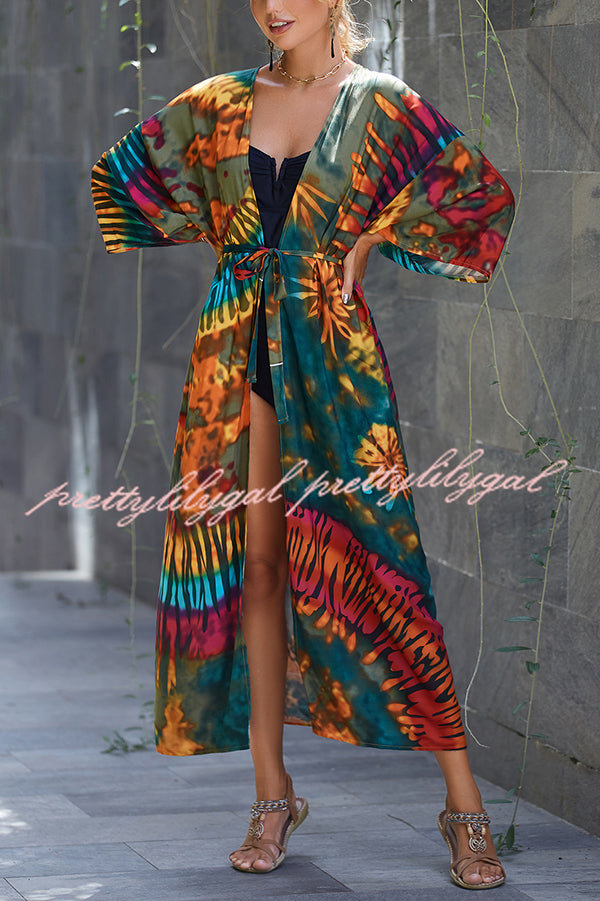 Unique Print Loose Lace Up Holiday Maxi Cover Up