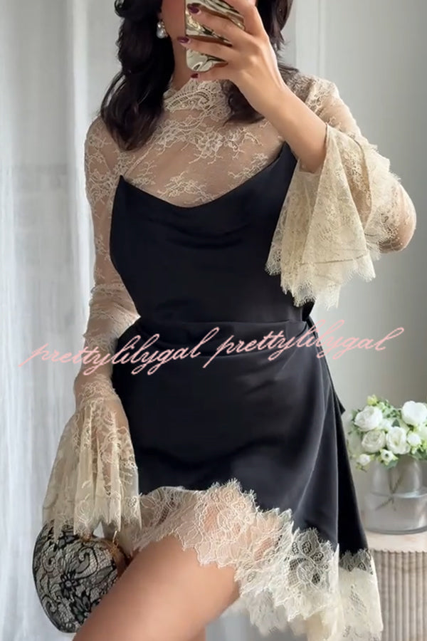 Gothic Romantic Lace Satin Patchwork High Neck Bell Sleeve Loose Mini Dress