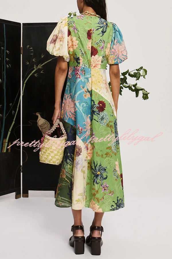 Floral Print Round Neck Puff Sleeve Casual Midi Dress