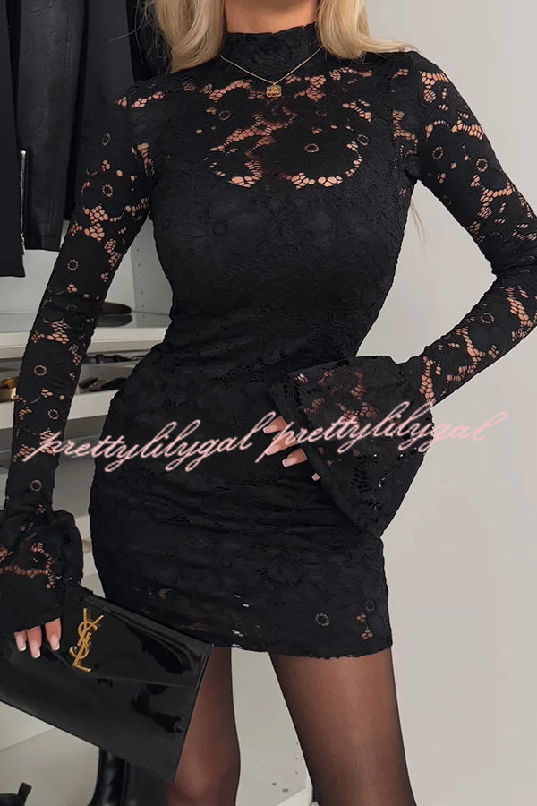 Light and Elegant Floral Lace High Neck Bell Sleeves Stretch Mini Dress