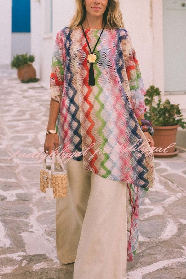 Sun Washed Knit Colorful Zigzag Pattern Asymmetric Hem Loose Cover-ups Kaftan