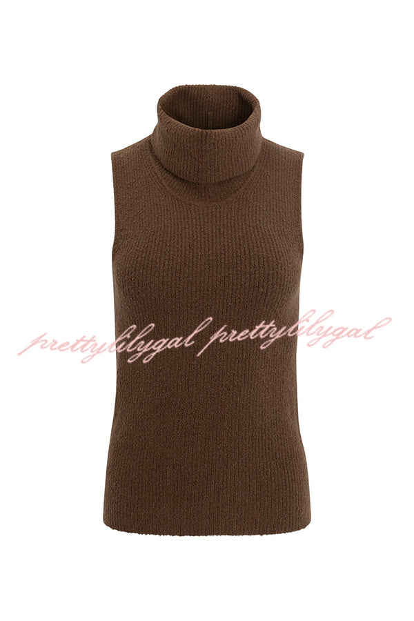 Comfortable Season Ribbed Knit Turtleneck Sleeveless Relaxed Sweater