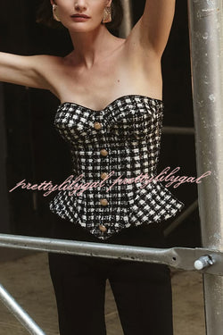 Maya Check Bouclé-tweed Fabric Sweetheart Neck Gold Button Strapless Tank