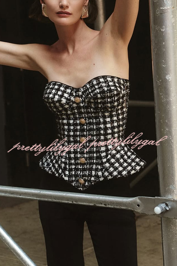 Maya Check Bouclé-tweed Fabric Sweetheart Neck Gold Button Strapless Tank