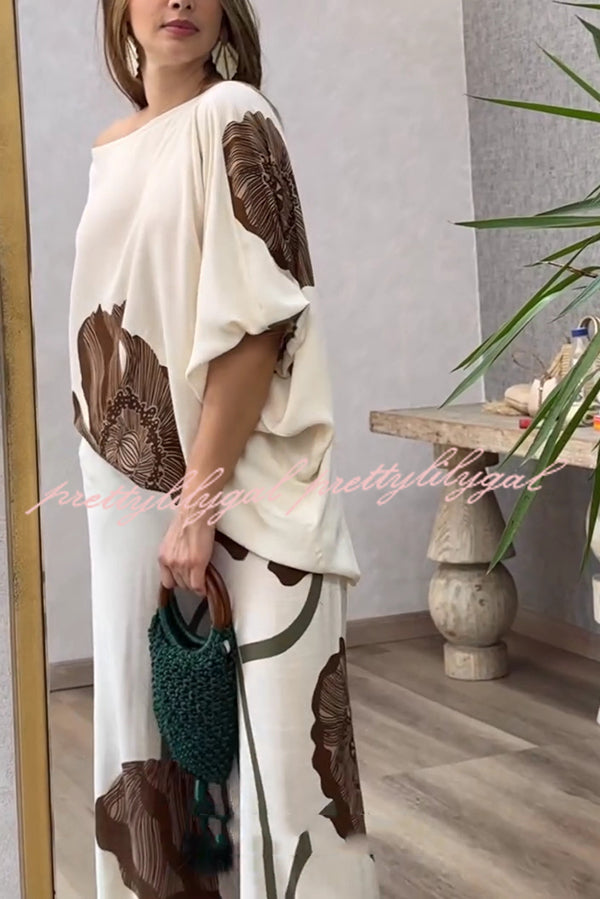 Floral Print Batwing Sleeves Loose-fitting Top and Relaxed Pocket Straight Pants Set