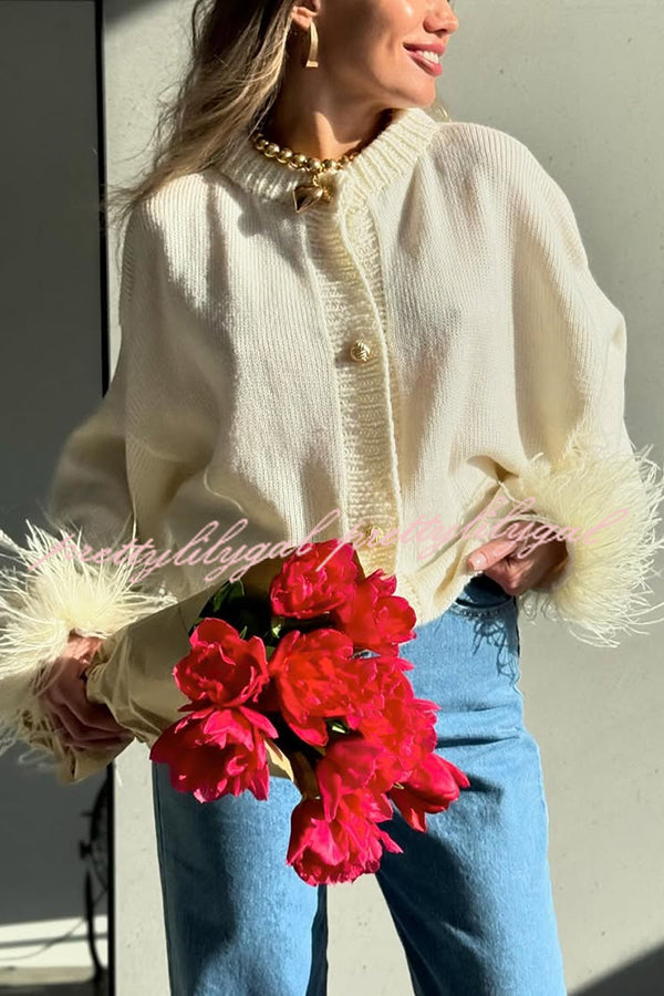 Solid Color Elegant Feather Long Sleeve Casual Knitted Cardigan