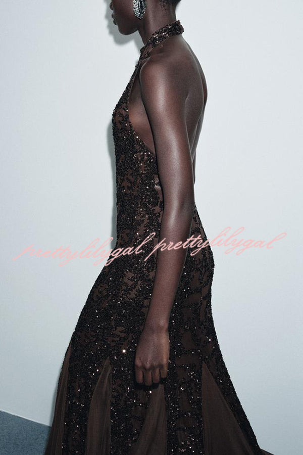Twilight Gleam Sequin Textured Tulle Hem Halter Backless Maxi Dress