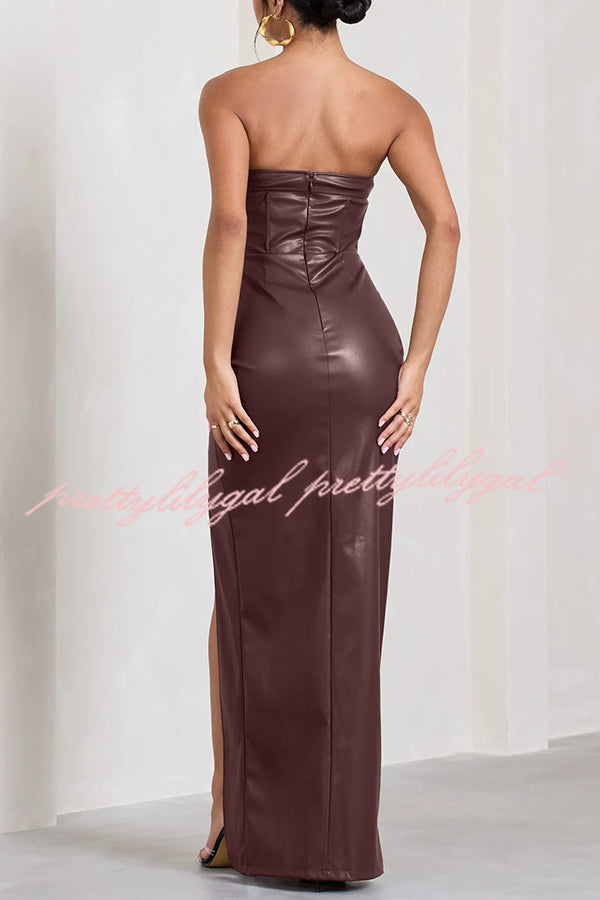 Sexy Meaning Faux Leather Strapless Bandeau Split Maxi Dress