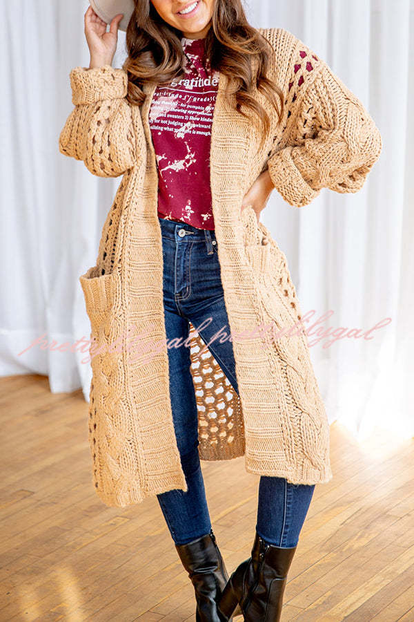 Jamila Knit Cable Cotout Long Sleeve Pocket Oversized Midi Cardigan