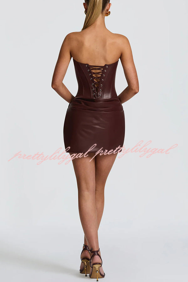 Palmer Faux Leather Pleated Off Shoulder Neck Slit Stretch Mini Dress