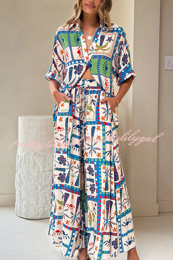 Unique Print Lapel Short Sleeve Loose Shirt and Elastic Waist Casual Pocket Wide Leg Pants Set