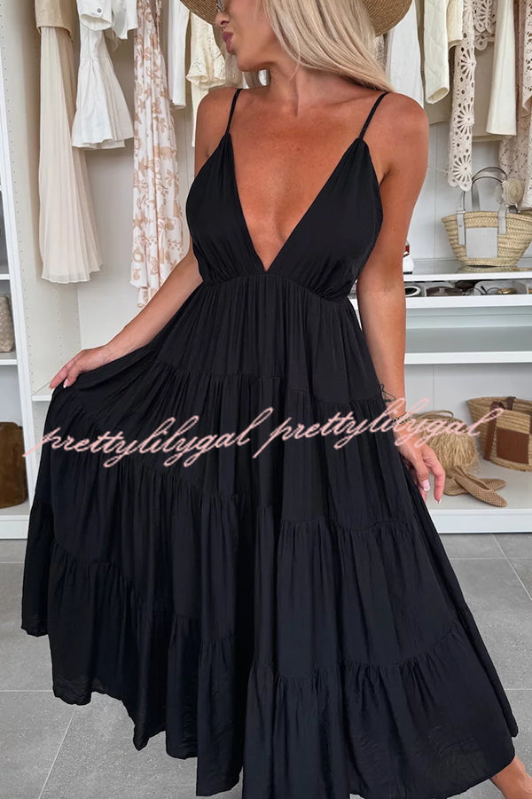 Bohemian Style V-neck Backless Slip Layered Vacation Maxi Dress