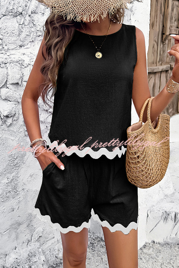 Casual Wavy Edge Buttoned Elastic Waist Shorts Set