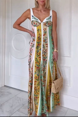 Sweet Garden Linen Blend Color Block Floral Paneled Maxi Dress
