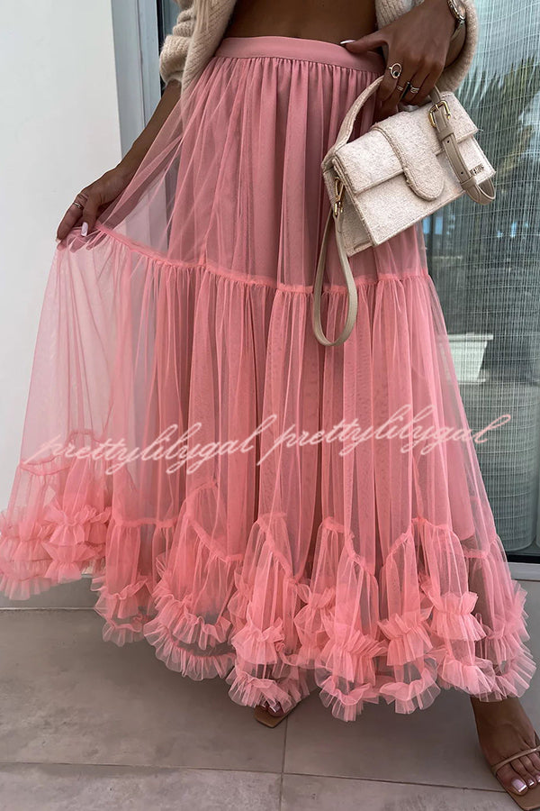 Elegant Tulle Stretch Waist Paneled Pleated Maxi Skirt