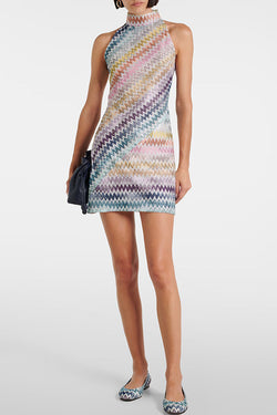 Whimsical Moment Knit Colorful Zigzag Pattern High Neck Sleeveless Mini Dress