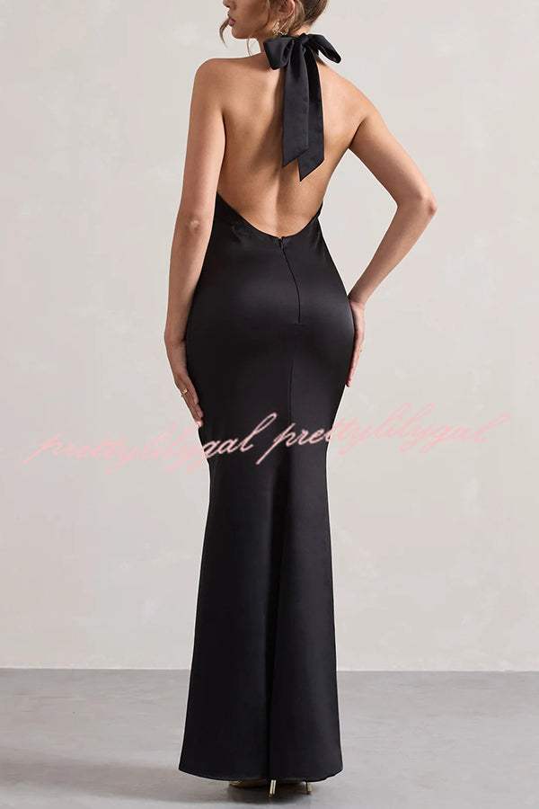 Solid Color Halter Neck Tie Sexy Backless Slim Maxi Dress