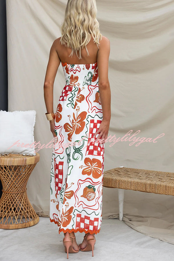 Cypress Unique Print Ric Rac Trim Back Smocked Strapless Maxi Dress