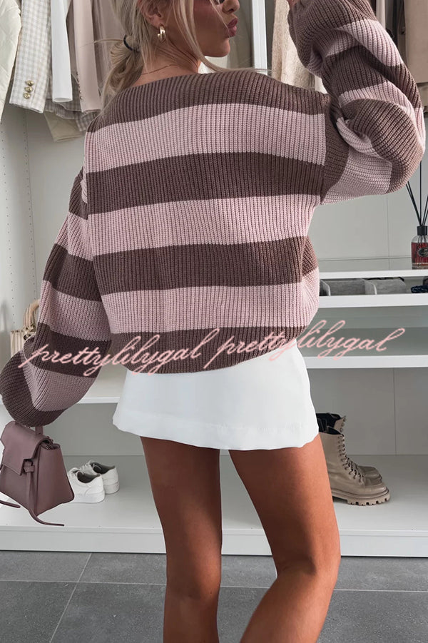 Fashion Striped Loose Long-sleeved Crew Neck Knitted Sweater