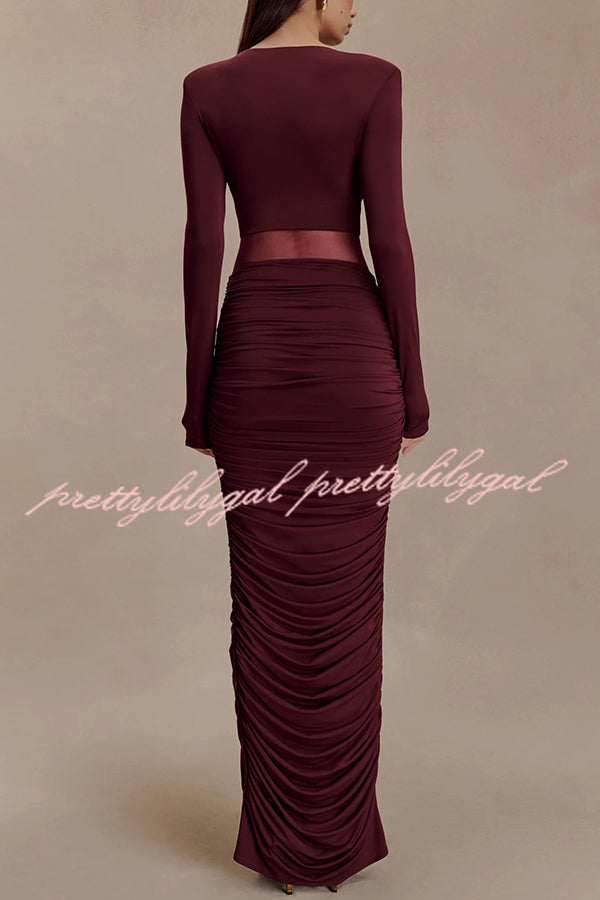 Sexy See-through Long-sleeved V-neck Pleated Slim-fit Maxi Dress