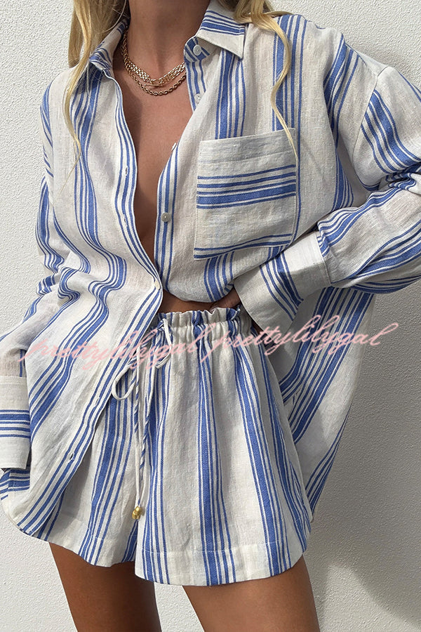 Stripe Print Lapel Long-sleeved Casual Shirt and Elastic Waist Loose Shorts Set